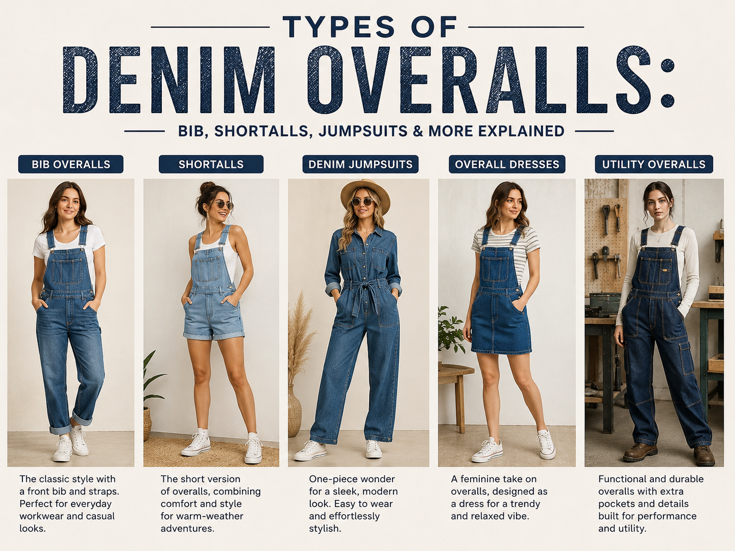 Types of Denim Overalls: Bib, Shortalls, Jumpsuits & More Explained Different styles of denim overalls including bib overalls, shortalls, jumpsuits, and utility overalls.