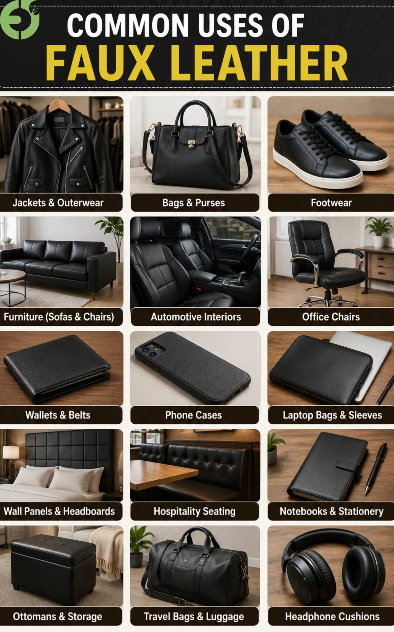 Infographic showing common uses of faux leather products and furniture
