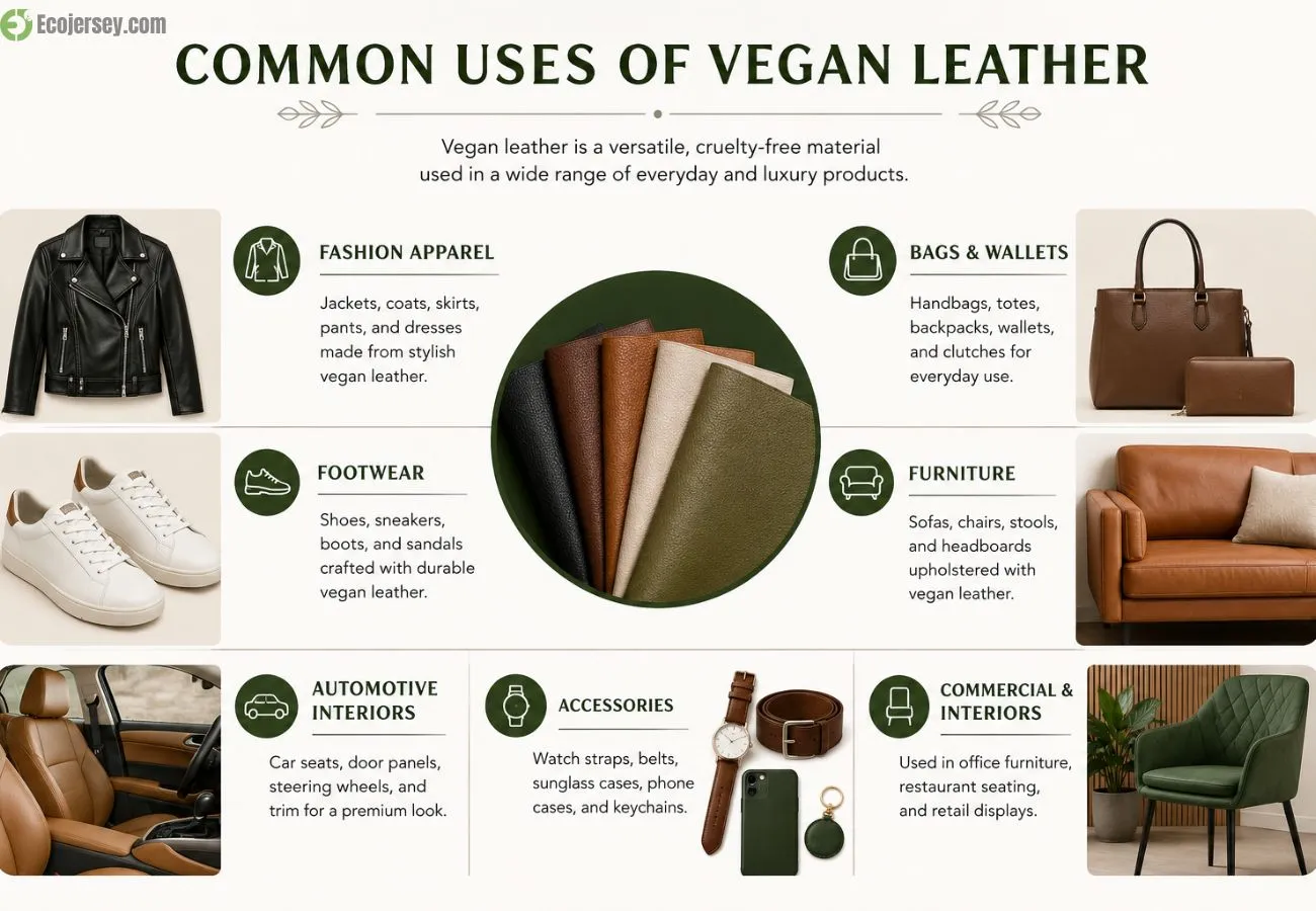 Infographic showing common uses of vegan leather in fashion, furniture, bags, and automotive interiors