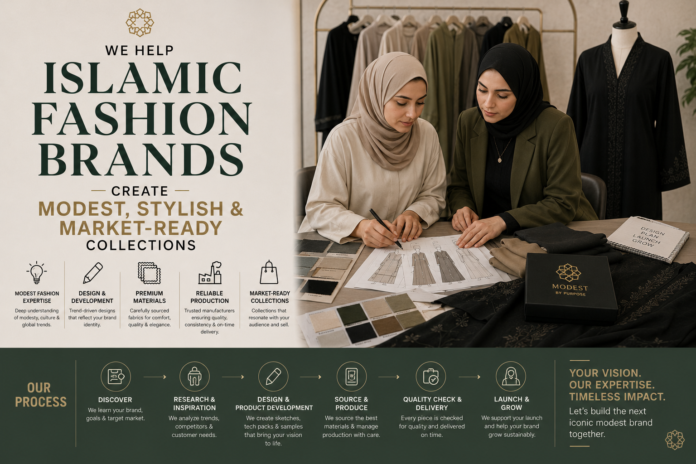 Professional Islamic fashion branding image featuring modest clothing design, fabric swatches, apparel development workspace, and contemporary Muslim fashion collection planning.