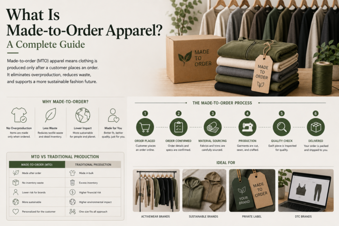 Made-to-order apparel guide featuring sustainable clothing production, custom garment workflow, inventory-free manufacturing, and on-demand fashion process.