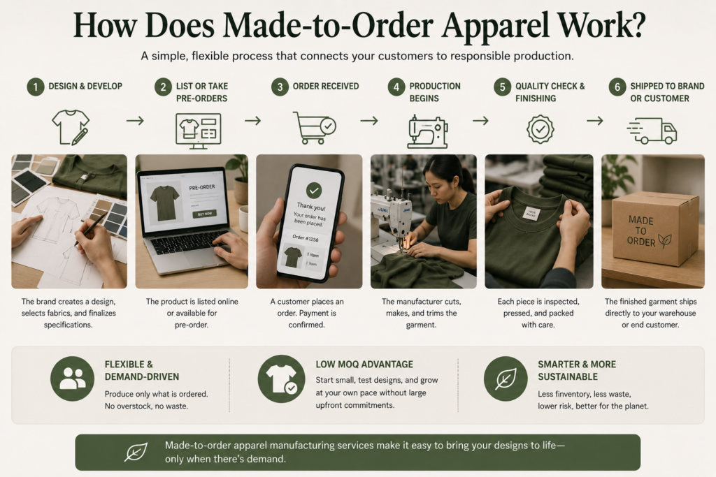 Made-to-order apparel workflow showing clothing design, pre-orders, garment production, quality inspection, and direct shipping process.