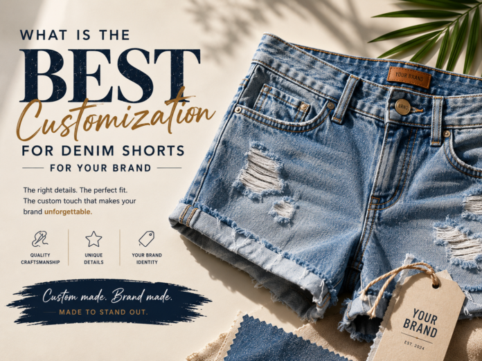 Custom denim shorts with branded details, distressed finish, and premium denim fabric styling.