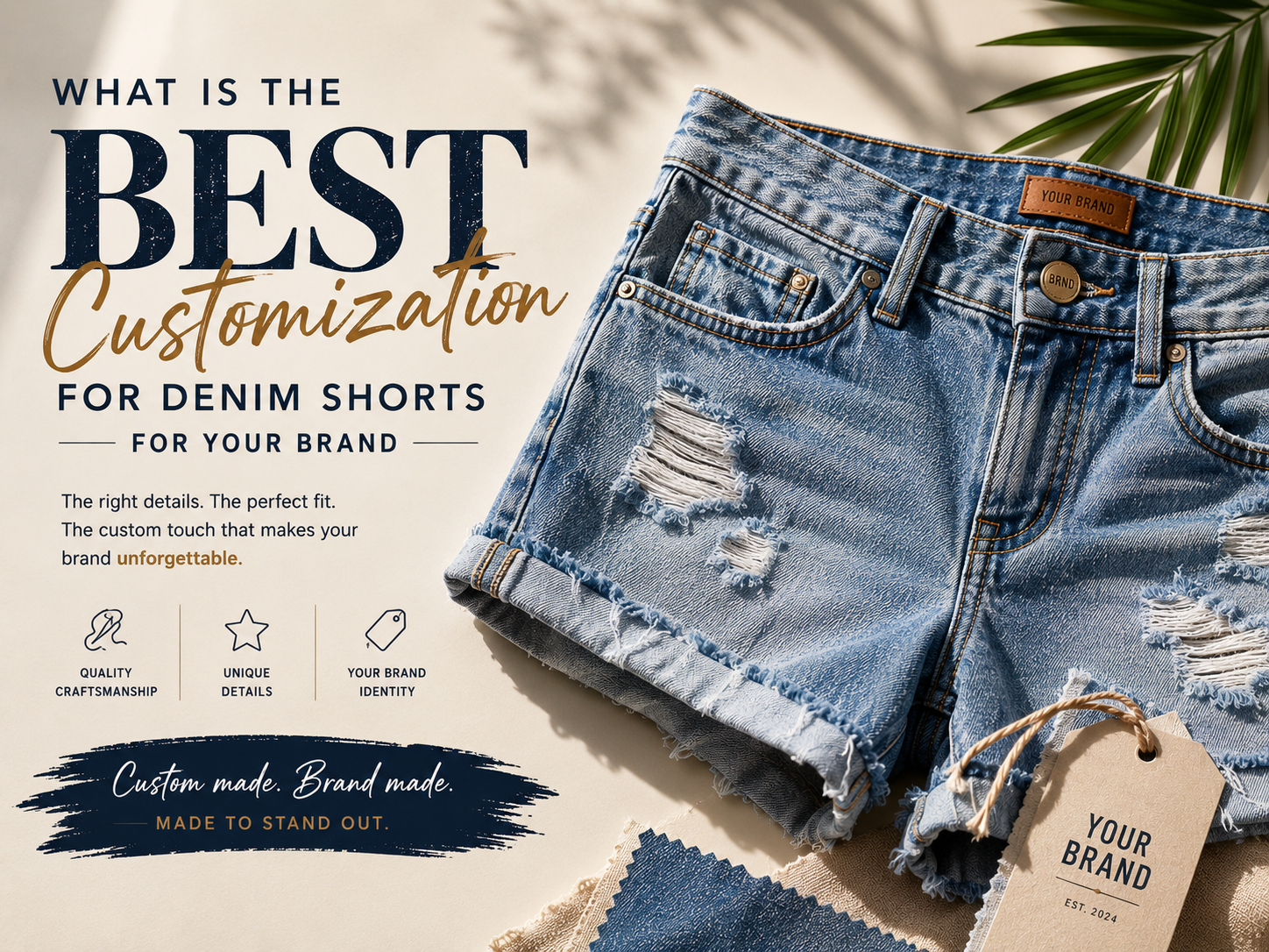 What Is The Best Customization for Denim Shorts for Your Brand Custom denim shorts with branded details, distressed finish, and premium denim fabric styling.