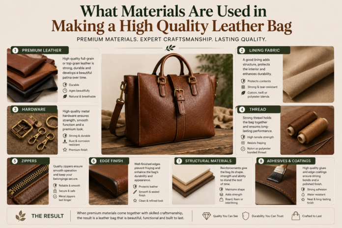 High-quality leather bag manufacturing materials displayed in an editorial flat lay featuring premium leather, metal hardware, stitching tools, lining fabric, and handcrafted bag components.