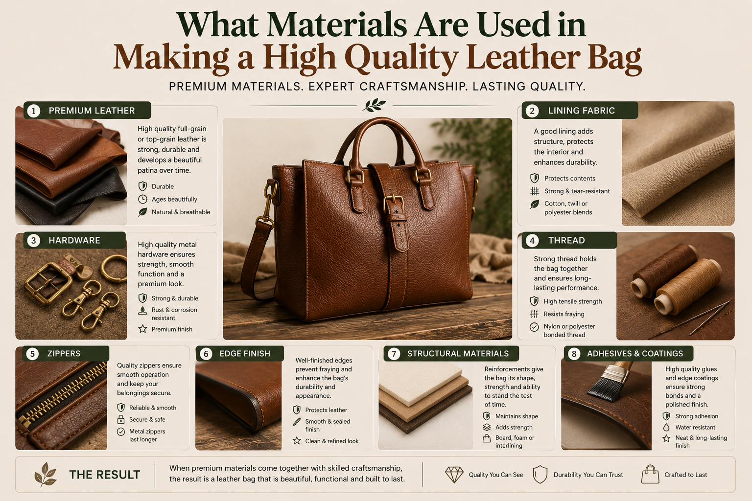 What Materials Are Used in Making a High Quality Leather Bag High-quality leather bag manufacturing materials displayed in an editorial flat lay featuring premium leather, metal hardware, stitching tools, lining fabric, and handcrafted bag components.