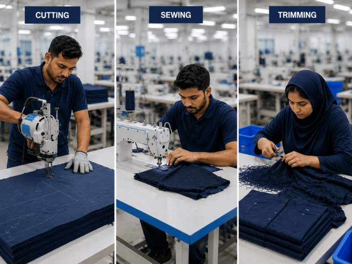 Three panels showing CMT clothing manufacturing: cutting fabric with an electric cutter, sewing on an industrial machine, and trimming threads with scissors.