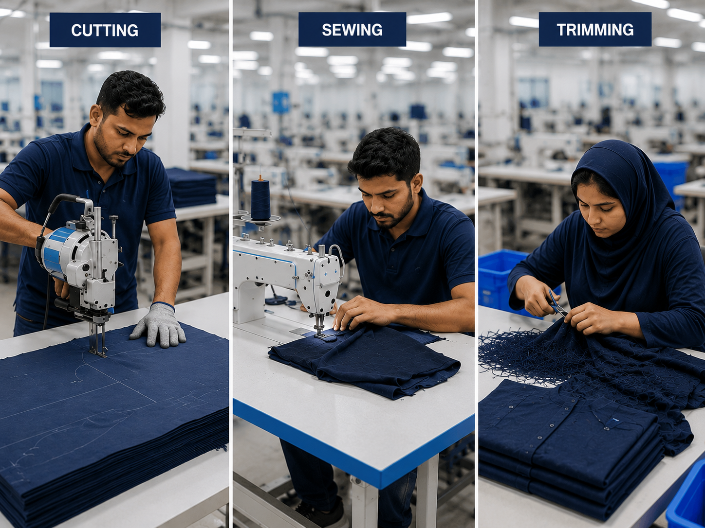 What Is CMT Clothing Manufacturing? A Beginner’s Guide Three panels showing CMT clothing manufacturing: cutting fabric with an electric cutter, sewing on an industrial machine, and trimming threads with scissors.
