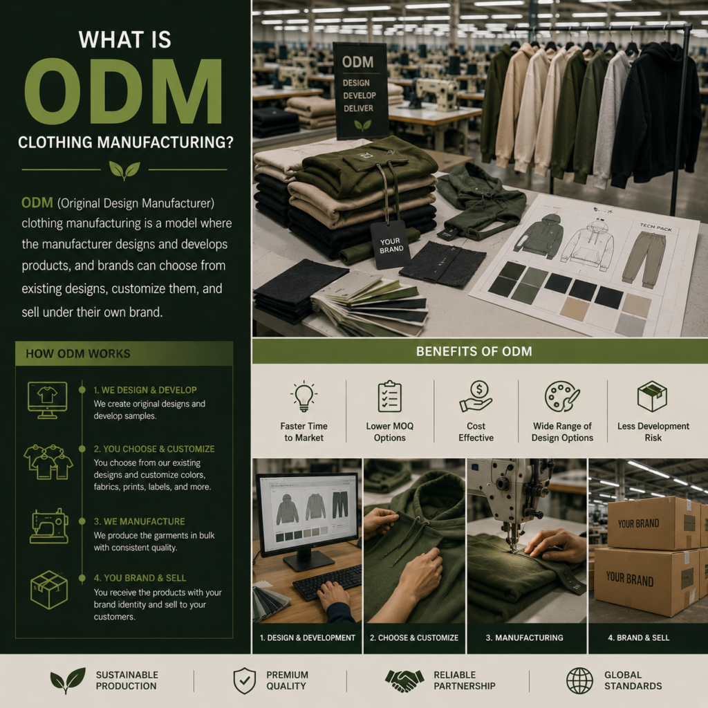 OEM vs ODM Clothing Manufacturing: Complete Comparison 4 Infographic explaining ODM clothing manufacturing, where the manufacturer designs and produces the product for a brand to sell under its own label.