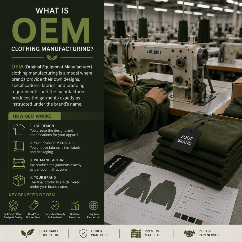 OEM vs ODM Clothing Manufacturing: Complete Comparison 3 Infographic explaining what OEM clothing manufacturing is, showing how a brand designs the product while the manufacturer produces it.