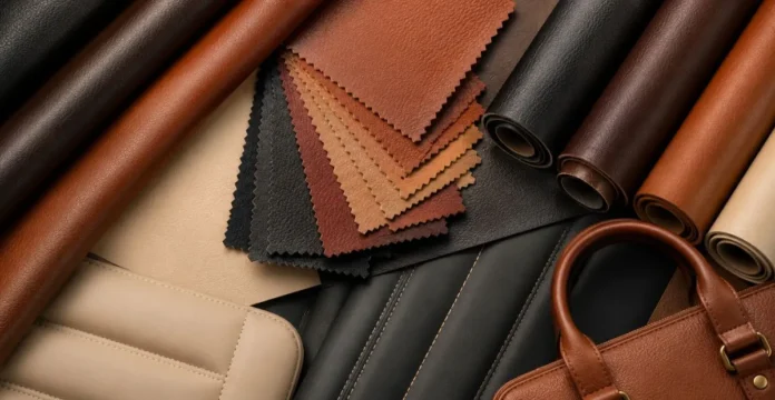 PU leather material samples with bags and upholstery textures