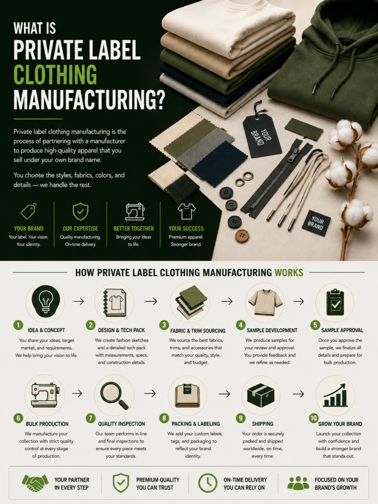 Diagram explaining private label manufacturing, where a business sources products from a manufacturer and sells them under its own brand name.