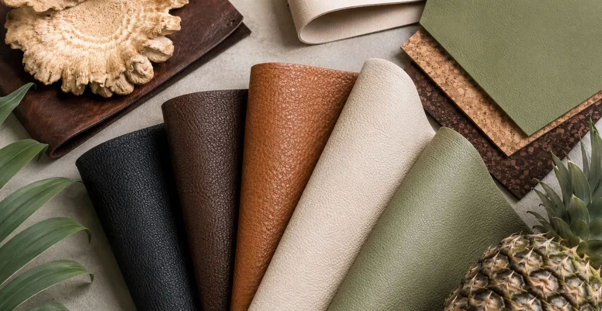 What Is Vegan Leather? Types, Materials, Pros & Cons Explained Various vegan leather materials with natural plant elements arranged on a neutral surface