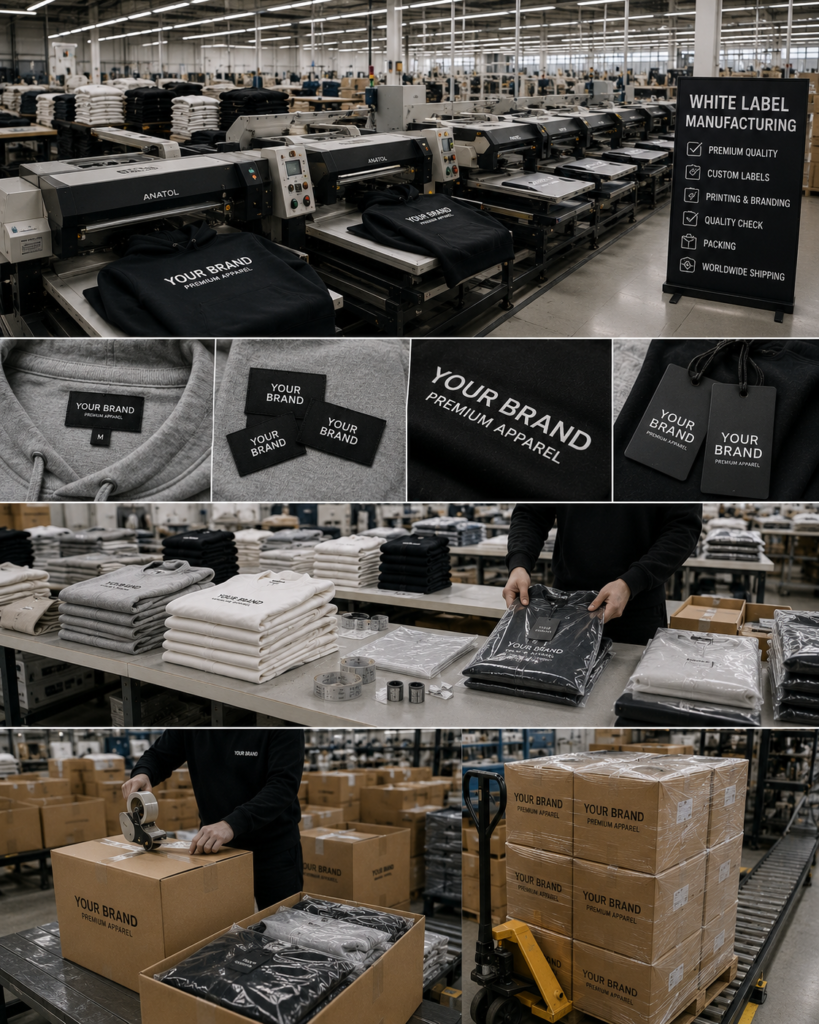 White label apparel production line in a clothing factory.