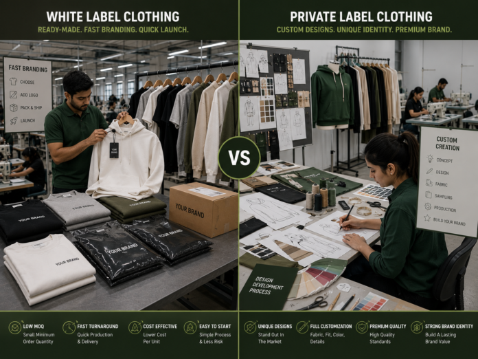 White label vs private label clothing comparison graphic.