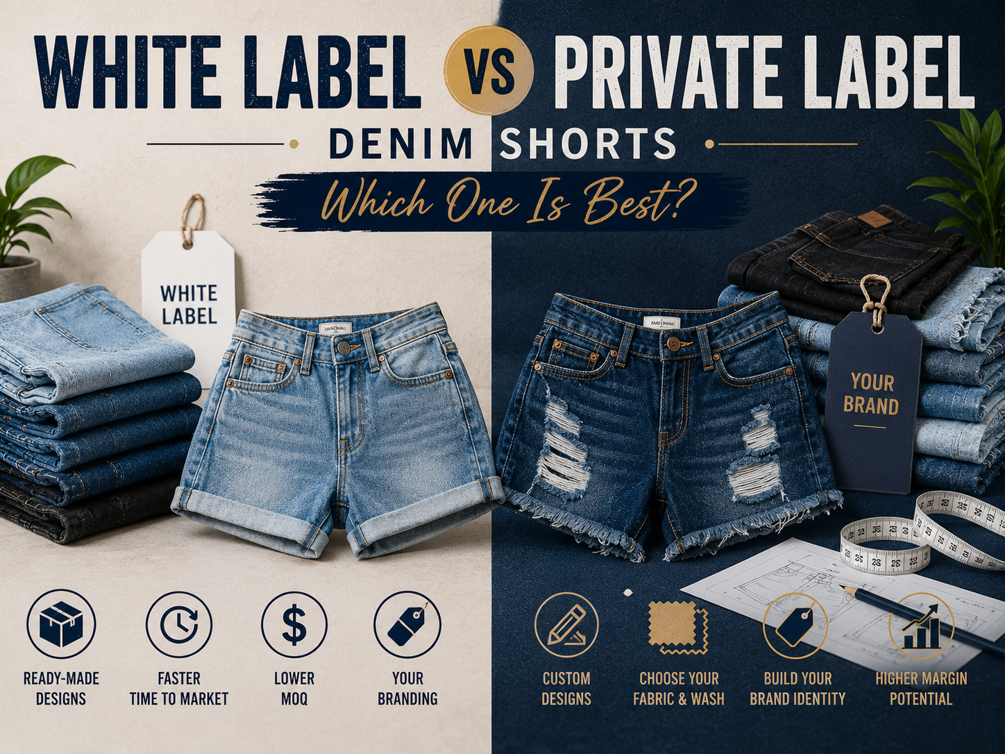 White Label vs Private Label Denim Shorts: Which One Is Best? White label and private label denim shorts comparison with custom branding and denim product development setup.