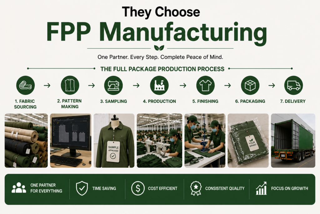Infographic explaining the full package production manufacturing process, including fabric sourcing, pattern making, sampling, garment production, finishing, packaging, and delivery services for clothing brands.