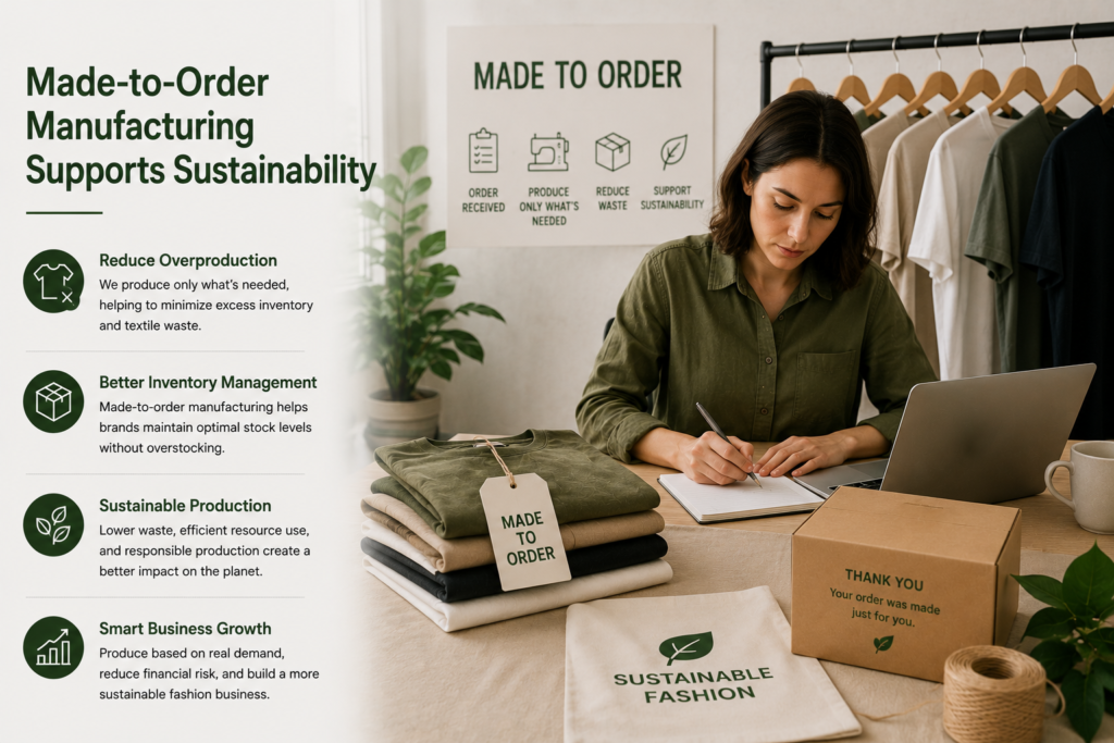 Why Choose Sustainable Apparel with made-to-order clothing manufacturing, reduced textile waste, sustainable inventory management, and eco-friendly apparel production.