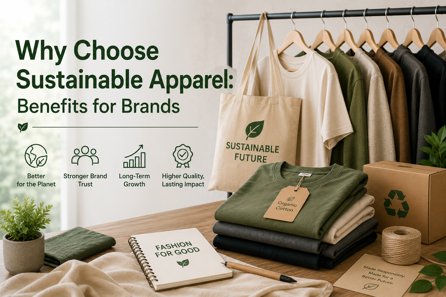 Why Choose Sustainable Apparel: Benefits for Brands Why Choose Sustainable Apparel for fashion brands featuring eco-friendly clothing, organic fabrics, sustainable packaging, and responsible apparel manufacturing in a modern workspace.
