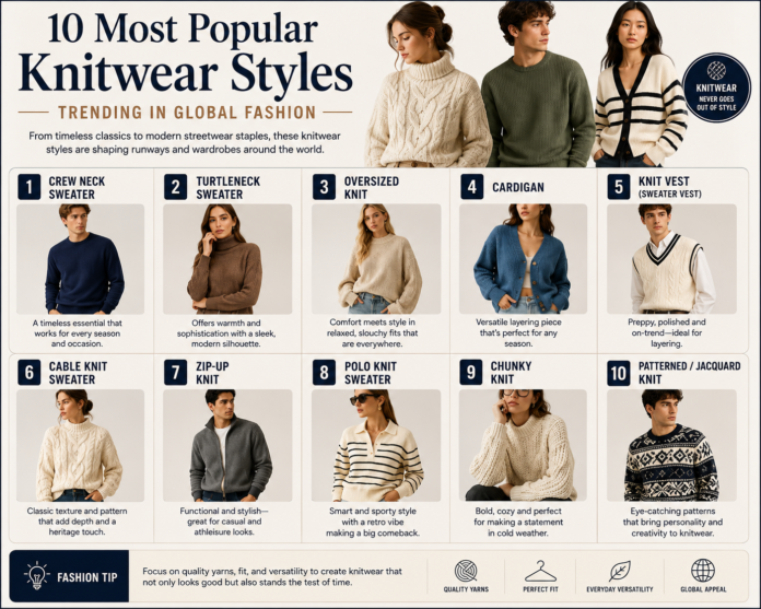 Fashion infographic featuring the 10 most popular knitwear styles including crew neck sweaters, cardigans, turtlenecks, cable knits, oversized knits, and patterned knitwear trending worldwide. Why Co-Ord Sets Fashionwear Trend