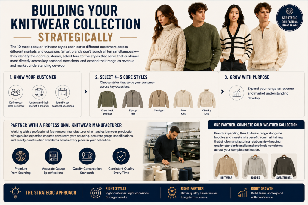 10 Most Popular Knitwear Styles Trending in Global Fashion 2 Professional knitwear collection strategy infographic showing how fashion brands can build a focused knitwear range with core styles, seasonal planning, and professional manufacturing support.
