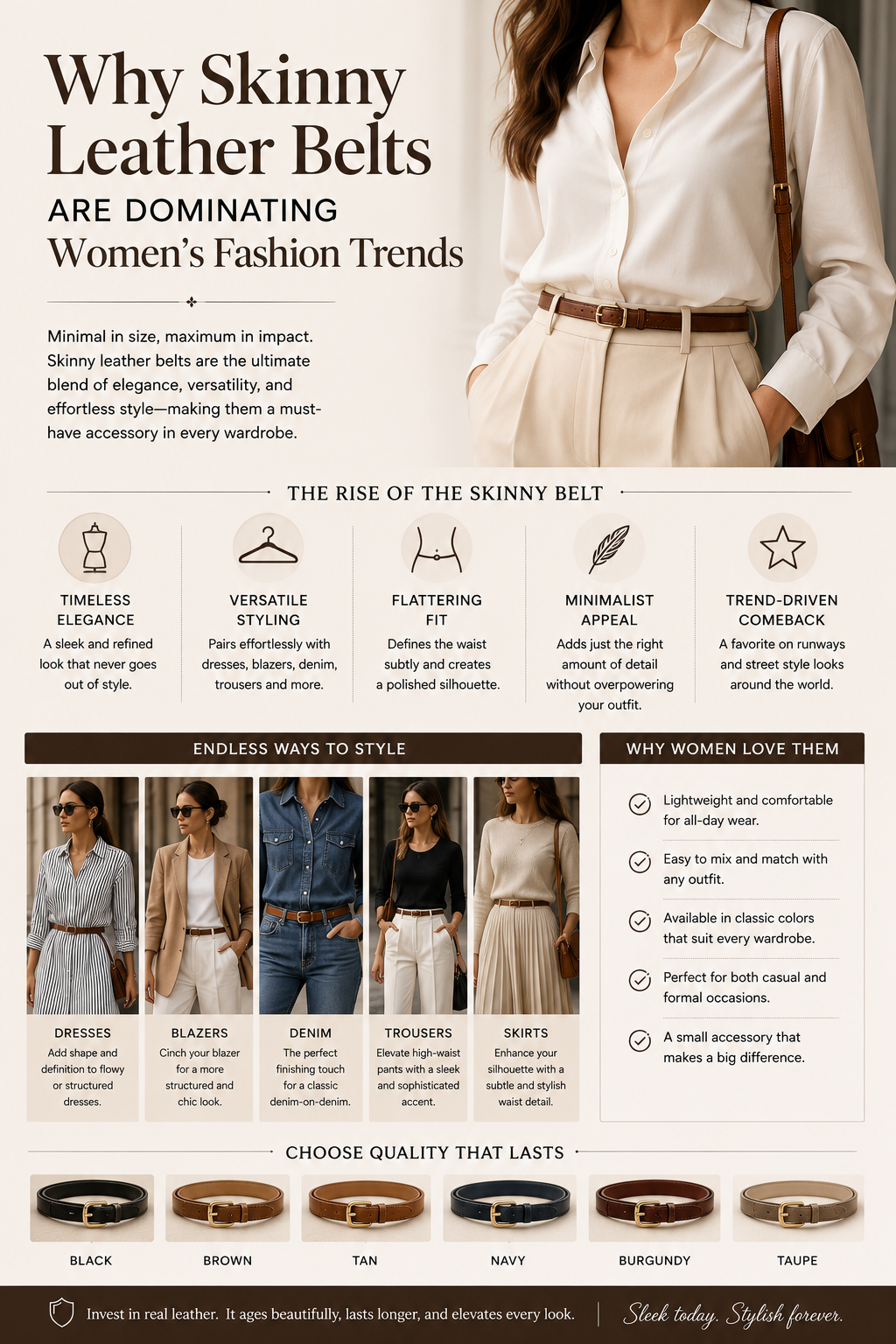 Why Skinny Leather Belts Are Dominating Women’s Fashion Trends Fashion infographic showcasing skinny leather belts styled with dresses, blazers, denim, skirts, and trousers, highlighting why slim belts are trending in modern women’s fashion.