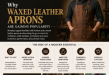 Why Waxed Leather Aprons Are Gaining Popularity Infographic explaining why waxed leather aprons are gaining popularity, featuring durable handcrafted aprons, water-resistant properties, workwear applications, and comparisons with canvas and denim aprons.