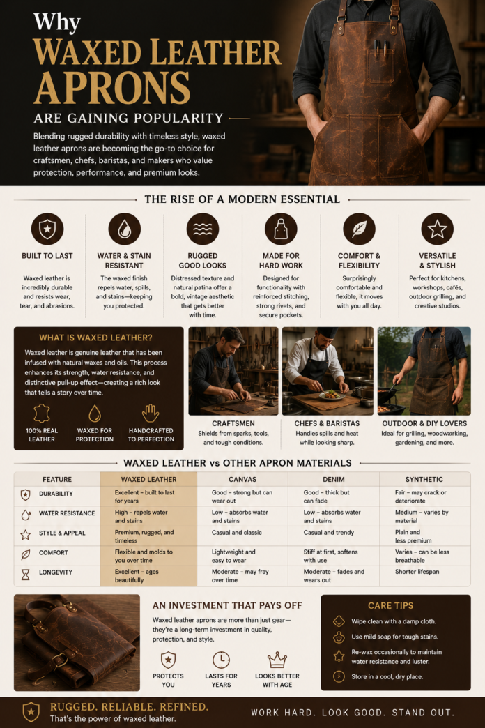 Infographic explaining why waxed leather aprons are gaining popularity, featuring durable handcrafted aprons, water-resistant properties, workwear applications, and comparisons with canvas and denim aprons.