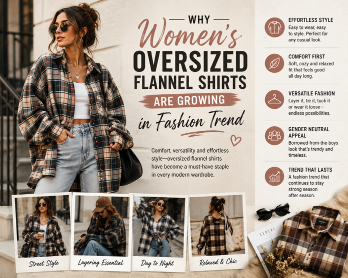 Woman wearing an oversized flannel shirt in a casual streetwear outfit showing modern relaxed fashion trend styling.Woman wearing an oversized flannel shirt in a casual streetwear outfit showing modern relaxed fashion trend styling.