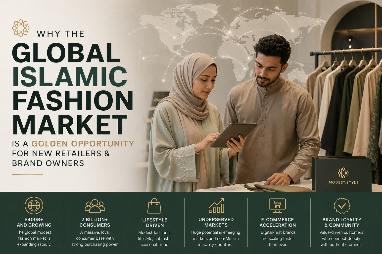 Why the Global Islamic Fashion Market Is a Golden Opportunity for New Retailers & Brand Owners Modern Islamic fashion business image featuring modest clothing, boutique retail presentation, global market visuals, and contemporary Muslim fashion entrepreneurs.