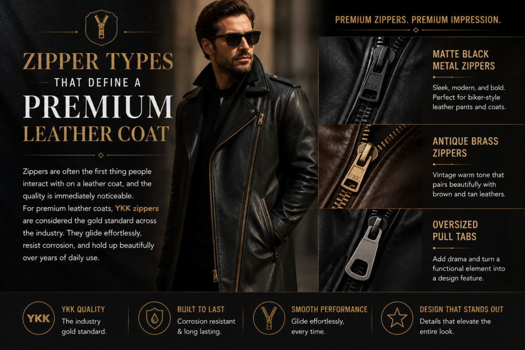 Premium leather coat zipper styles including matte black metal zippers, antique brass finishes, and oversized pull tabs.