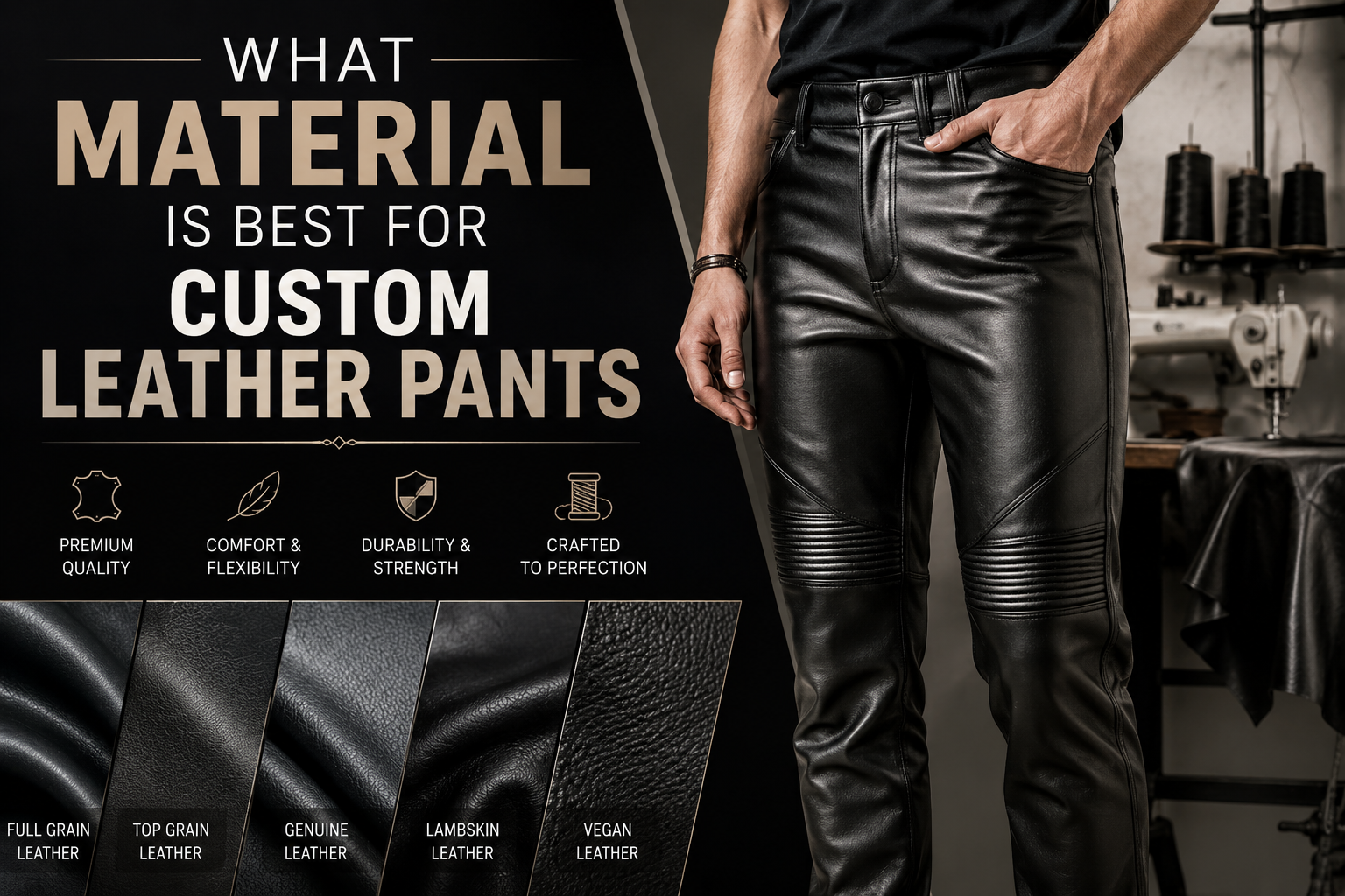 What Is The Best Material For Leather Pants and Why It Matters Premium black leather pants showcasing different leather material textures including lambskin, full-grain, and stretch leather in a luxury apparel manufacturing setting.