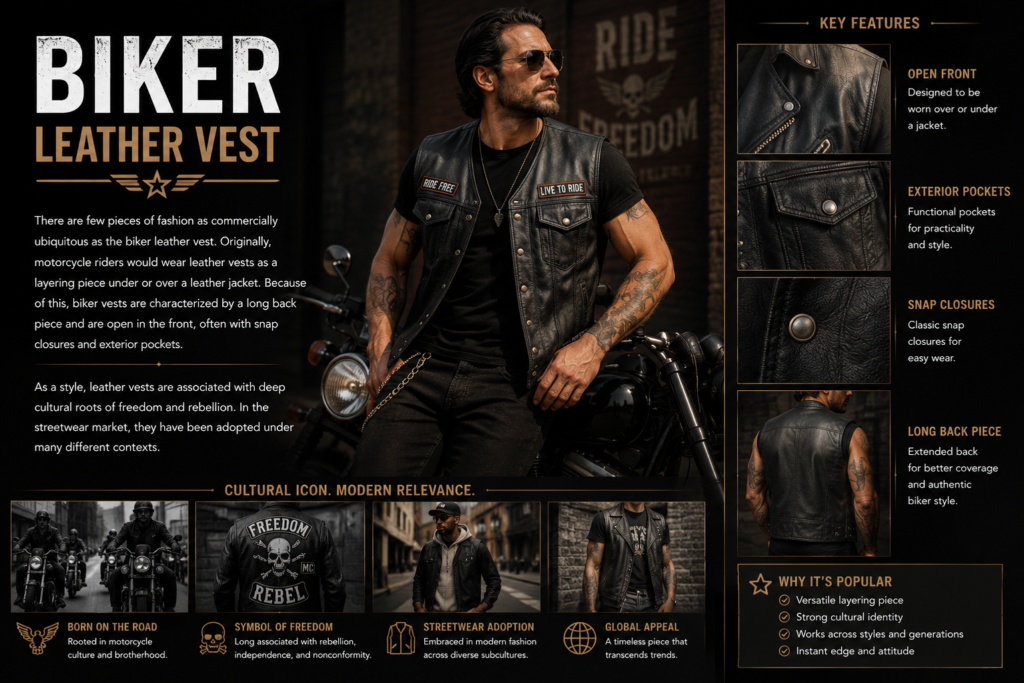Classic biker leather vest with snap closures, exterior pockets, and long back panel styled with motorcycle fashion influence.