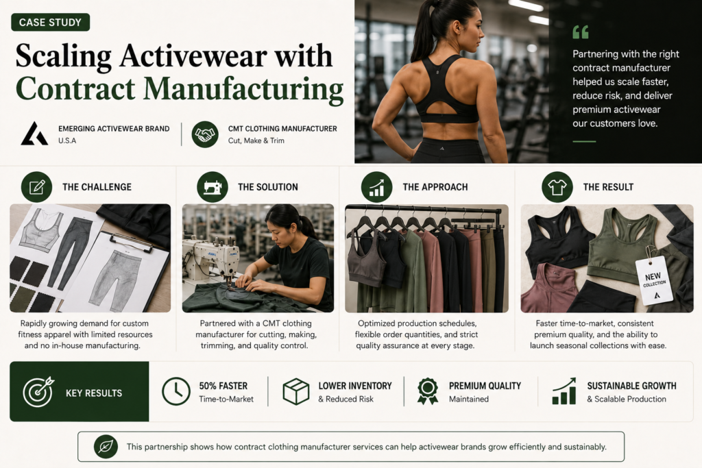 Case study infographic showing an activewear brand scaling through contract clothing manufacturing with garment development, production workflow, quality control, and apparel collections.