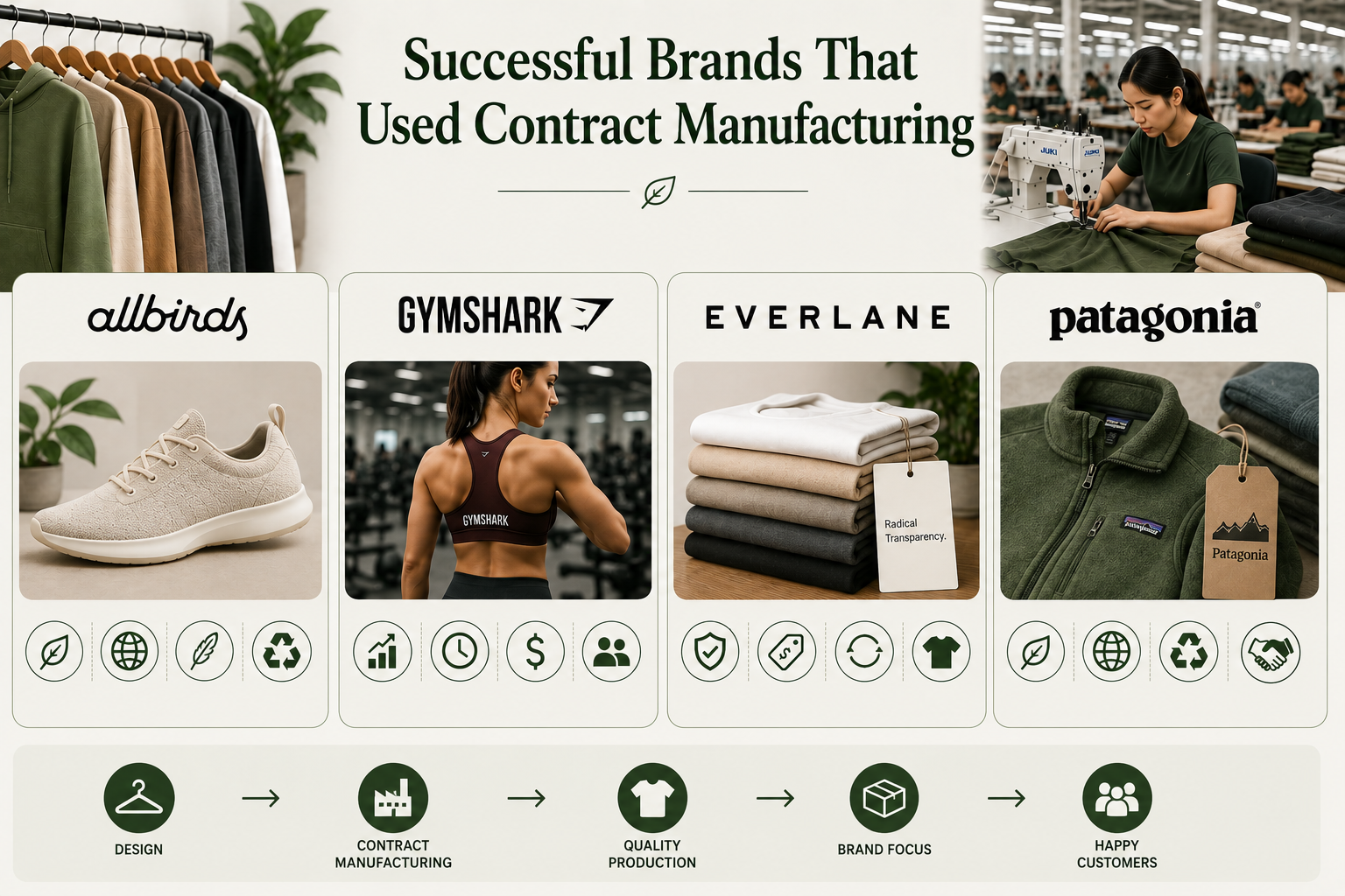 Case Study: Successful Brands That Used Contract Manufacturing Clothing brands using contract manufacturing displayed through apparel collections, sustainable fashion products, activewear, and garment production workflow.