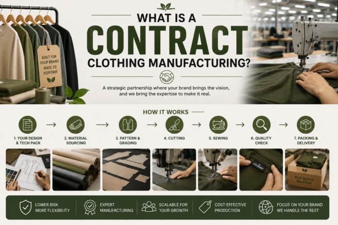 Featured image explaining contract clothing manufacturing with apparel production workflow icons, garment sewing process, fabric sourcing, quality control, and branded apparel packaging in a modern factory environment.