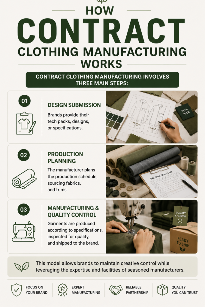 Portrait infographic illustrating the contract clothing manufacturing process, including design submission, production planning, fabric sourcing, garment manufacturing, quality control inspections, and final apparel delivery.
