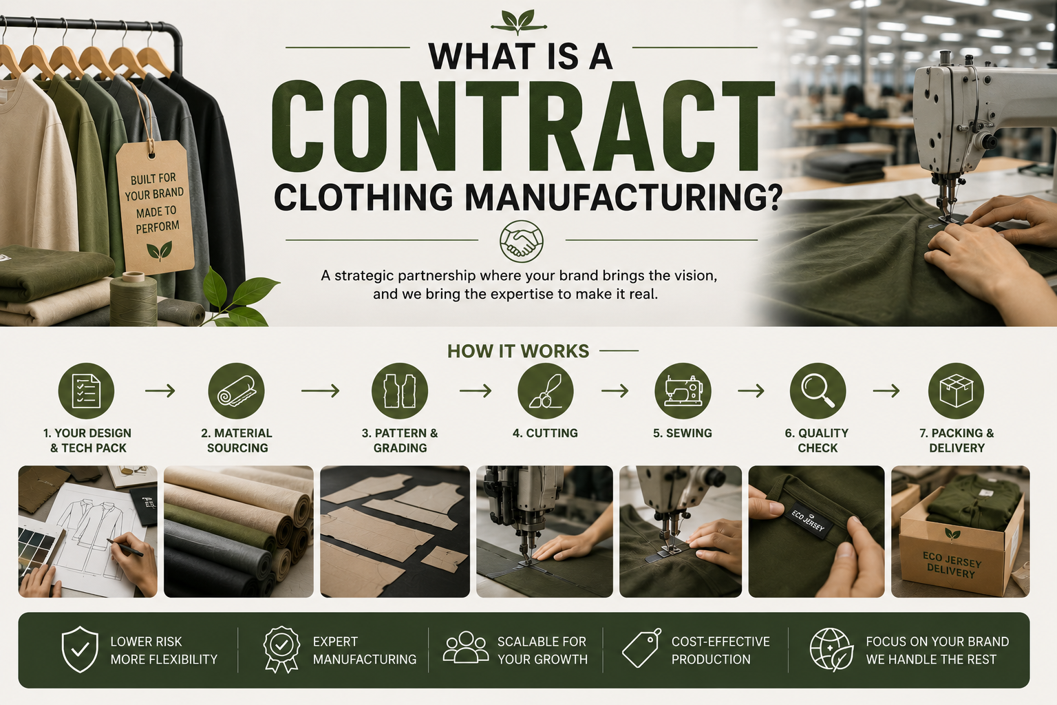 What Is a Contract Clothing Manufacturing? Explained Featured image explaining contract clothing manufacturing with apparel production workflow icons, garment sewing process, fabric sourcing, quality control, and branded apparel packaging in a modern factory environment.