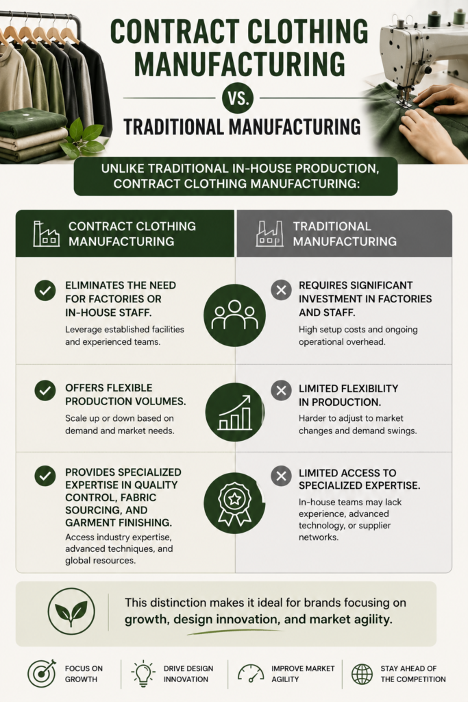 Comparison infographic showing the differences between contract clothing manufacturing and traditional in-house apparel production, highlighting flexibility, lower operational costs, expert manufacturing support, and scalable production.