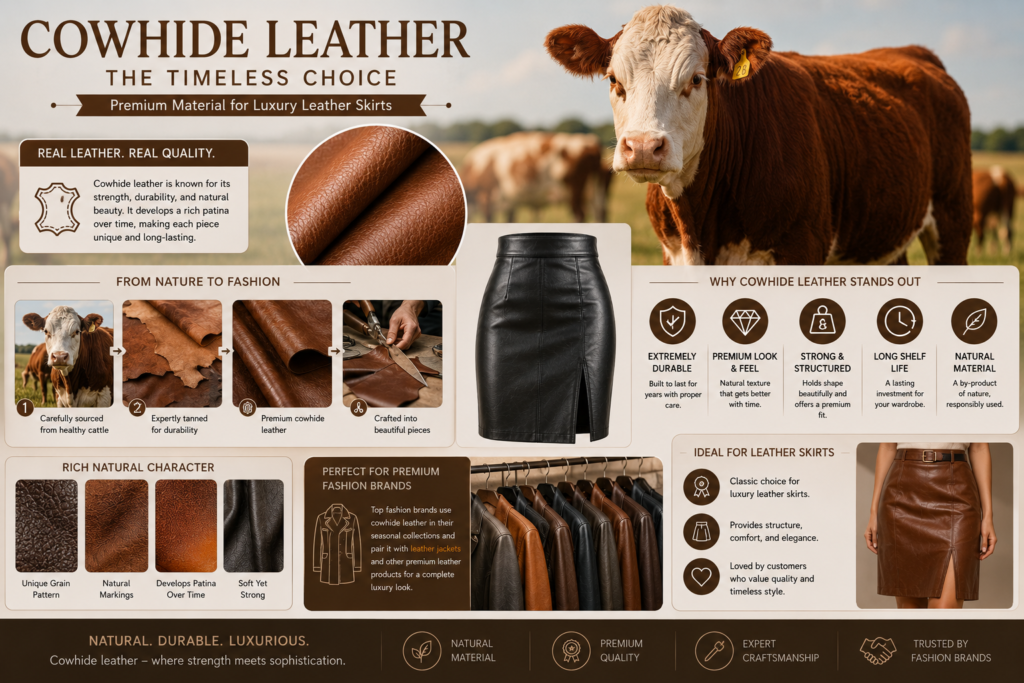 Professional cowhide leather infographic showing cattle, premium leather textures, leather skirt production, and luxury cowhide fashion applications.