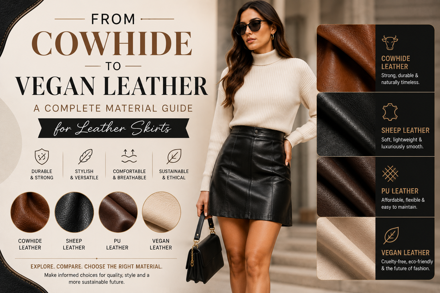 From Cowhide to Vegan Leather: A Complete Material Guide for Leather Skirts Material comparison infographic showing cowhide leather, sheepskin leather, PU leather, and vegan leather used for modern leather skirts.