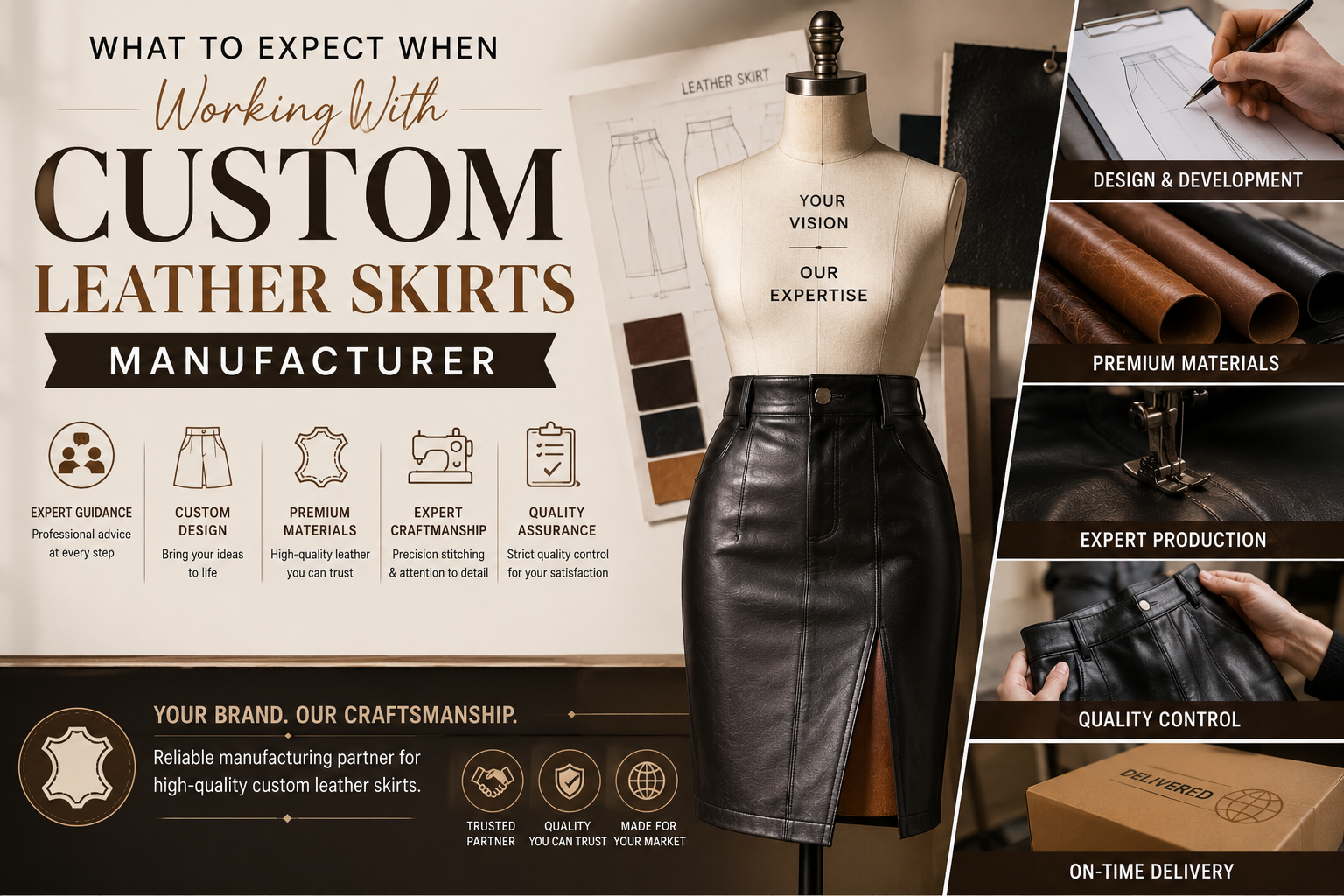 What to Expect When Working With Custom Leather Skirts Manufacturer Custom leather skirt manufacturing infographic showing design development, leather material selection, stitching production, quality control, and finished skirt samples.