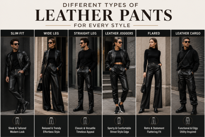 Fashion collage showing slim fit, wide leg, straight leg, jogger, flare, and cargo leather pants styles.