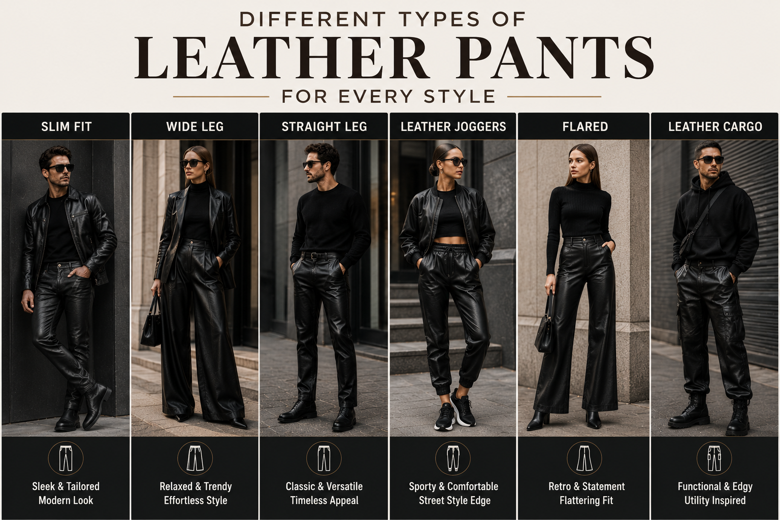 A Complete Guide to Different Types of Leather Pants for Every Style Fashion collage showing slim fit, wide leg, straight leg, jogger, flare, and cargo leather pants styles.