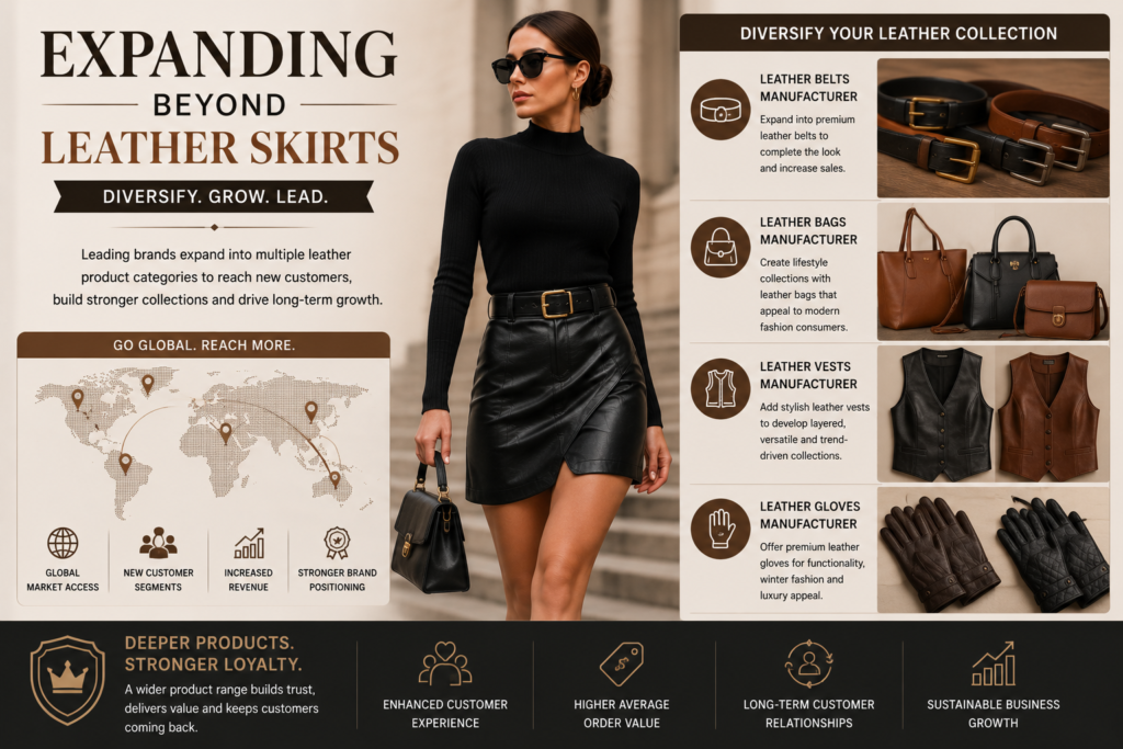 What to Expect When Working With Custom Leather Skirts Manufacturer 4 Luxury leather fashion collection infographic featuring leather belts, bags, gloves, vests, and coordinated leather lifestyle accessories.