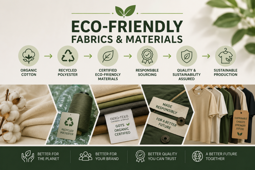 Infographic showing eco-friendly fabrics and sustainable apparel materials including organic cotton, recycled polyester, certified textiles, responsible sourcing, and sustainable garment production.