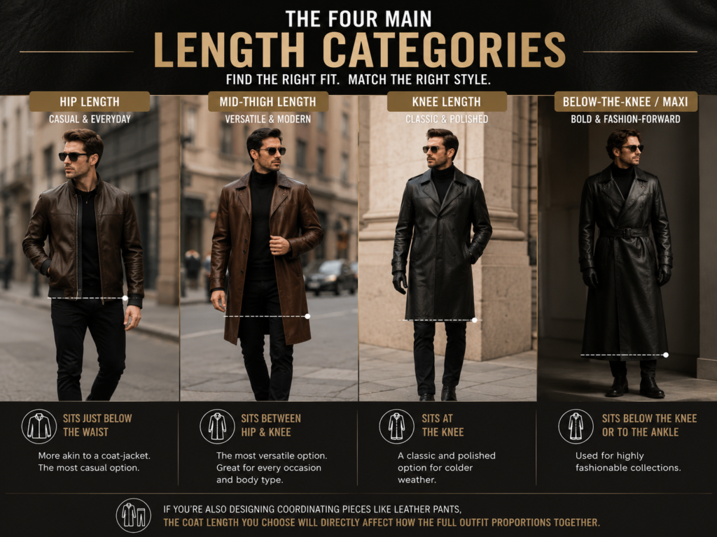 Comparison of hip-length, mid-thigh, knee-length, and maxi leather coats for custom fashion collections.