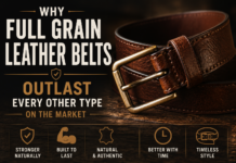 Why Full Grain Leather Belts Outlast Every Other Type on the Market Close-up of a premium full grain leather belt with natural leather texture, heavy-duty buckle, and durable handcrafted construction details.