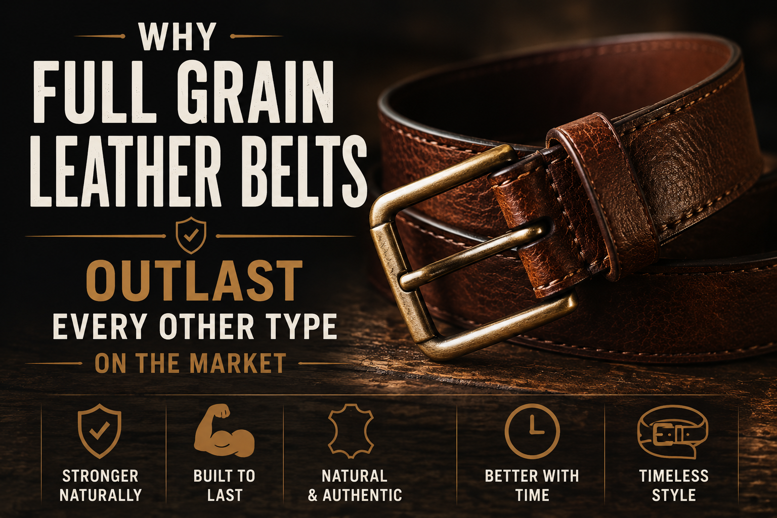 Why Full Grain Leather Belts Outlast Every Other Type on the Market Close-up of a premium full grain leather belt with natural leather texture, heavy-duty buckle, and durable handcrafted construction details.