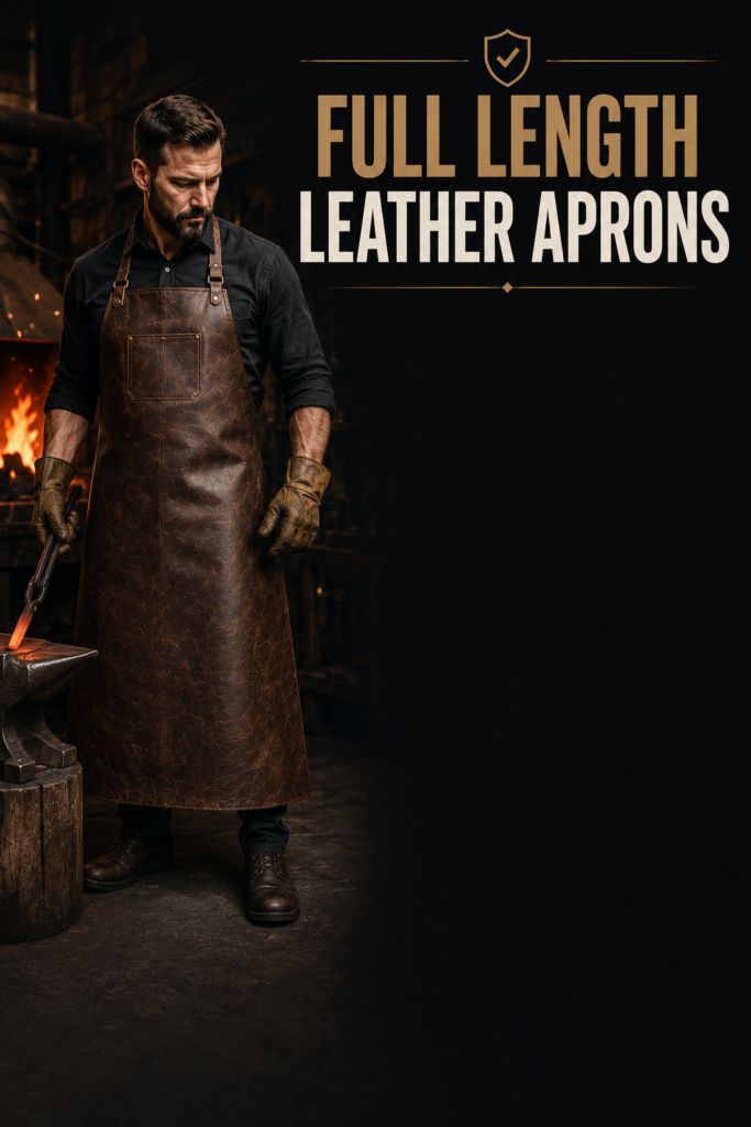 Full Length vs Half Length Leather Aprons: Which One Is Best? 3 Industrial blacksmith wearing a full length leather apron in a workshop with heavy-duty protective leather construction and reinforced craftsmanship details.